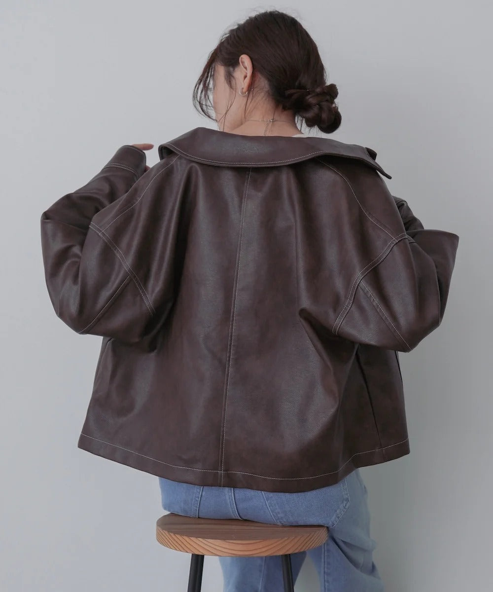 Bab Irregular Synthetic Leather Color-Scheme Stitch Jacket