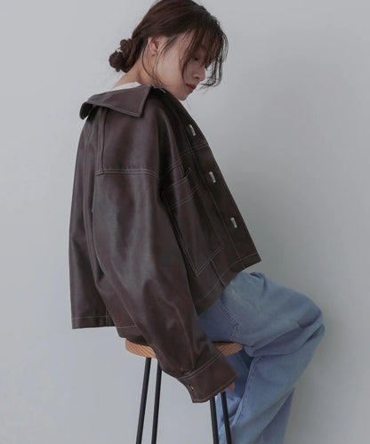 Bab Irregular Synthetic Leather Color-Scheme Stitch Jacket