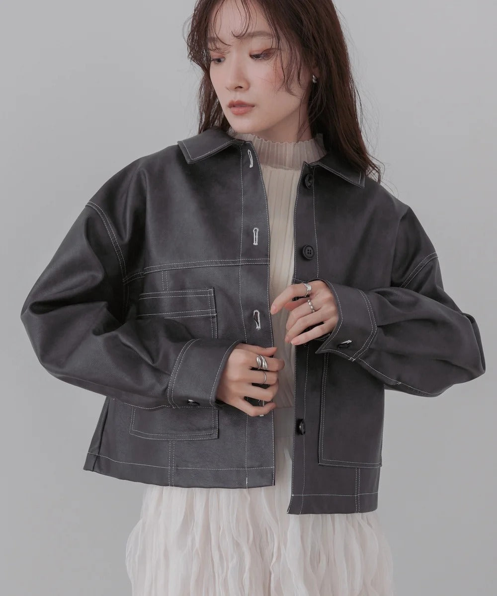 Bab Irregular Synthetic Leather Color-Scheme Stitch Jacket