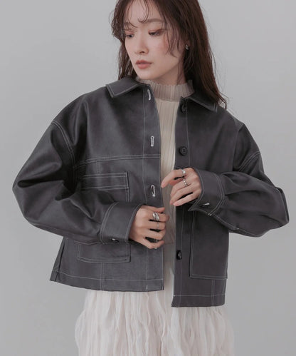 Bab Irregular Synthetic Leather Color-Scheme Stitch Jacket