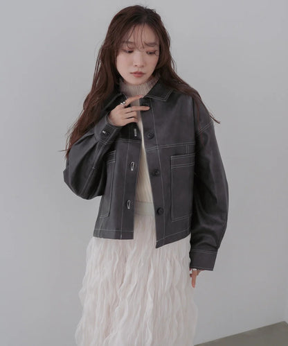 Bab Irregular Synthetic Leather Color-Scheme Stitch Jacket