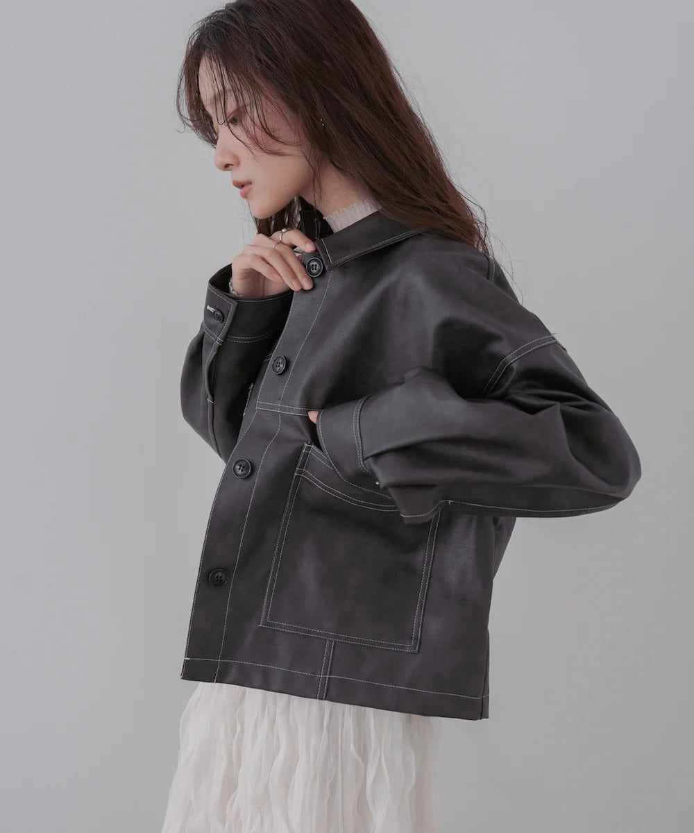 Bab Irregular Synthetic Leather Color-Scheme Stitch Jacket