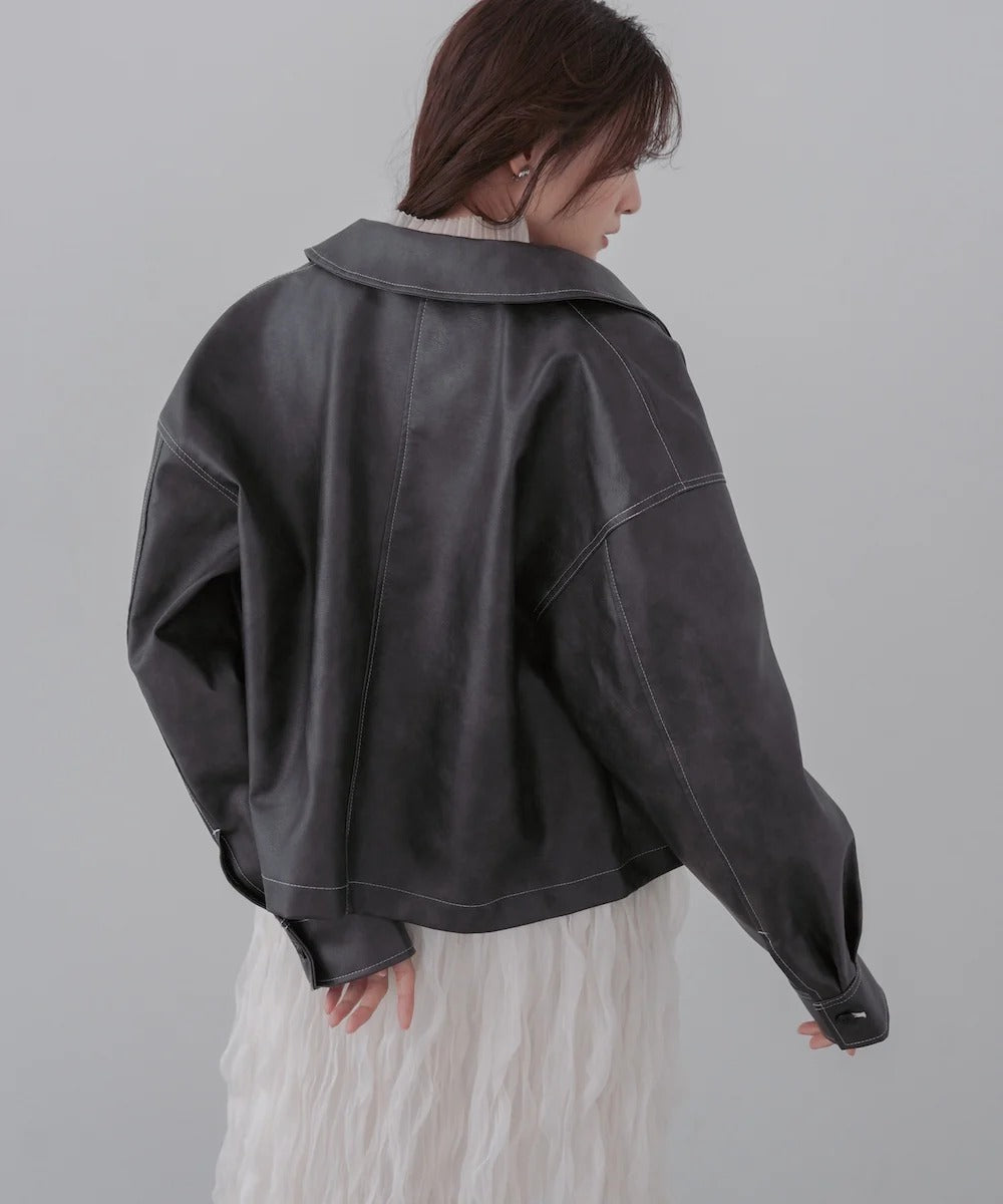 Bab Irregular Synthetic Leather Color-Scheme Stitch Jacket