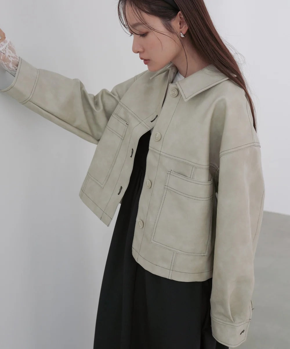 Bab Irregular Synthetic Leather Color-Scheme Stitch Jacket