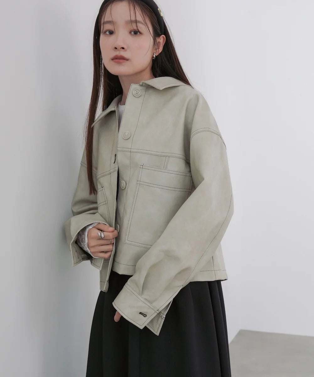 Bab Irregular Synthetic Leather Color-Scheme Stitch Jacket