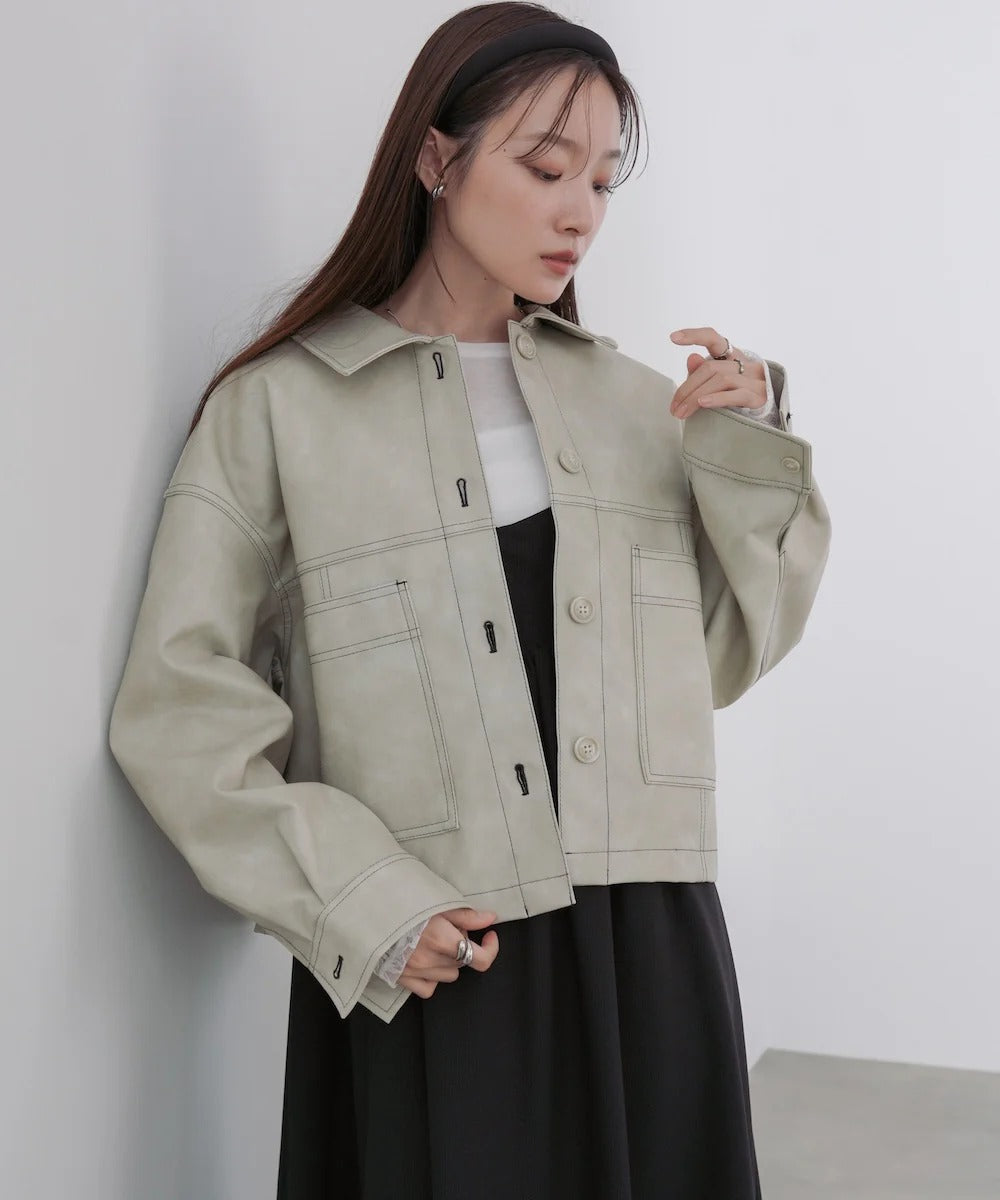 Bab Irregular Synthetic Leather Color-Scheme Stitch Jacket