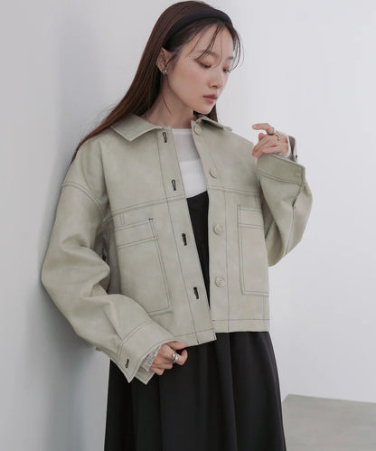 Bab Irregular Synthetic Leather Color-Scheme Stitch Jacket