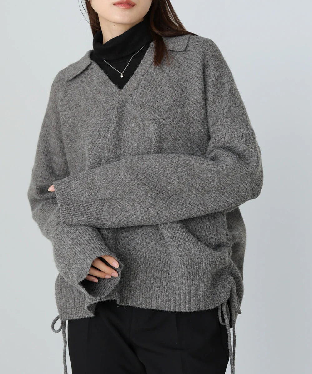 Bab Collared Ribbed Knit Top with Side Drawstring