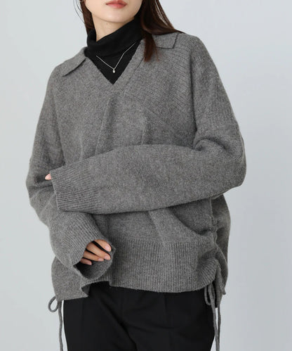 Bab Collared Ribbed Knit Top with Side Drawstring