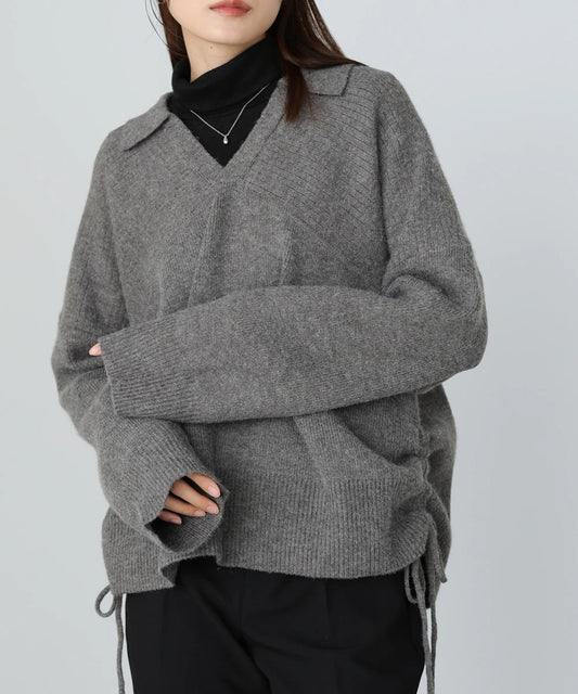 Bab Collared Ribbed Knit Top with Side Drawstring