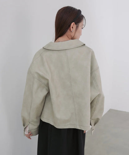 Bab Irregular Synthetic Leather Color-Scheme Stitch Jacket