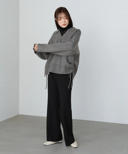 Bab Collared Ribbed Knit Top with Side Drawstring