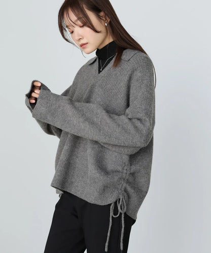 Bab Collared Ribbed Knit Top with Side Drawstring