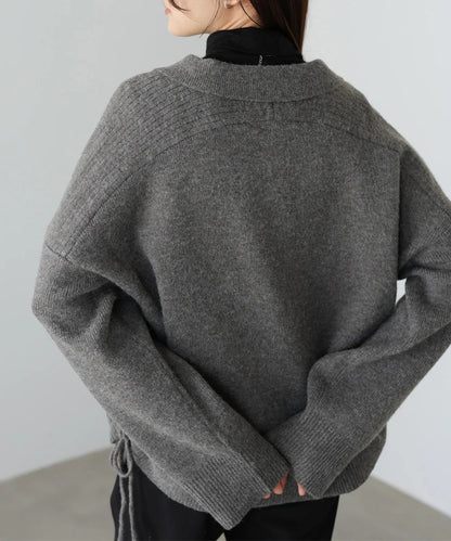 Bab Collared Ribbed Knit Top with Side Drawstring