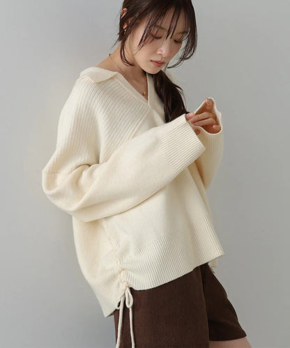 Bab Collared Ribbed Knit Top with Side Drawstring