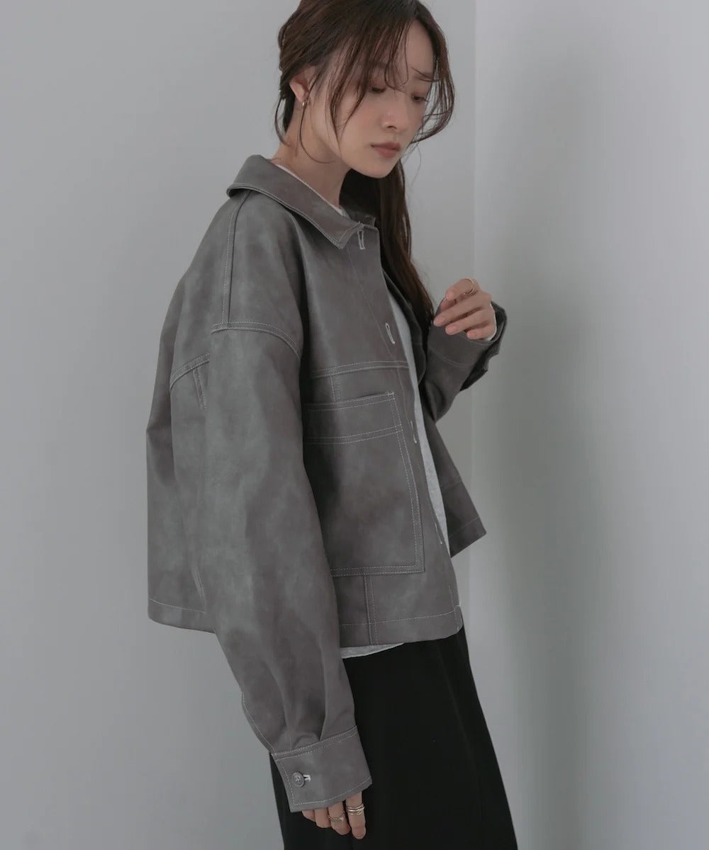 Bab Irregular Synthetic Leather Color-Scheme Stitch Jacket