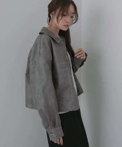 Bab Irregular Synthetic Leather Color-Scheme Stitch Jacket