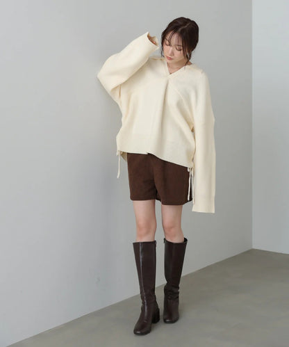 Bab Collared Ribbed Knit Top with Side Drawstring