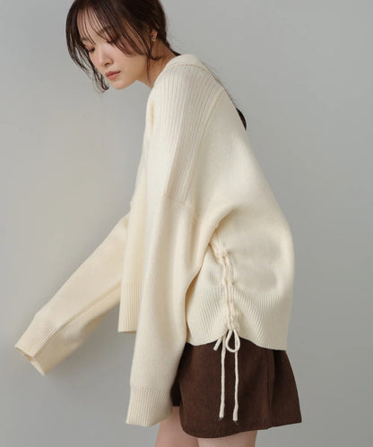 Bab Collared Ribbed Knit Top with Side Drawstring