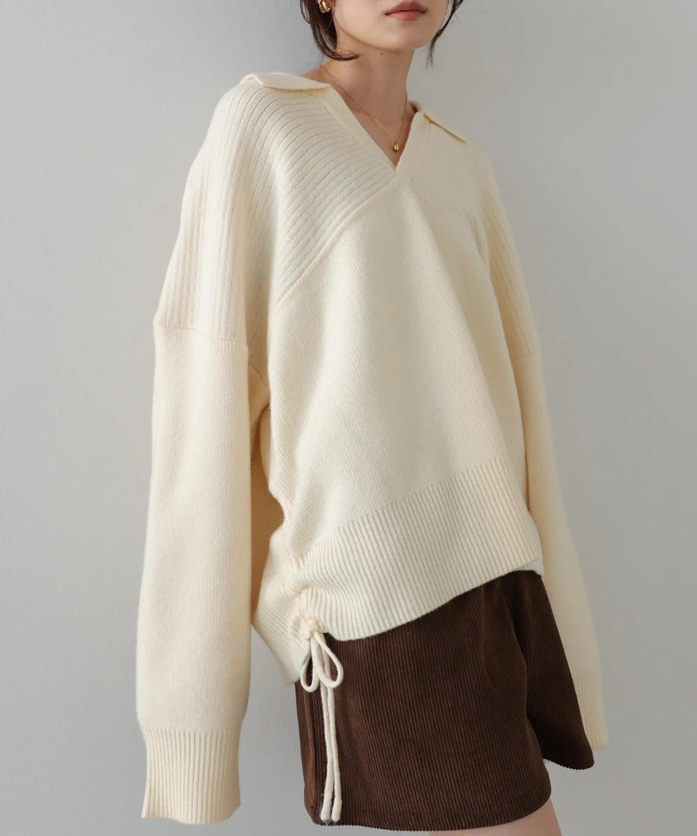 Bab Collared Ribbed Knit Top with Side Drawstring