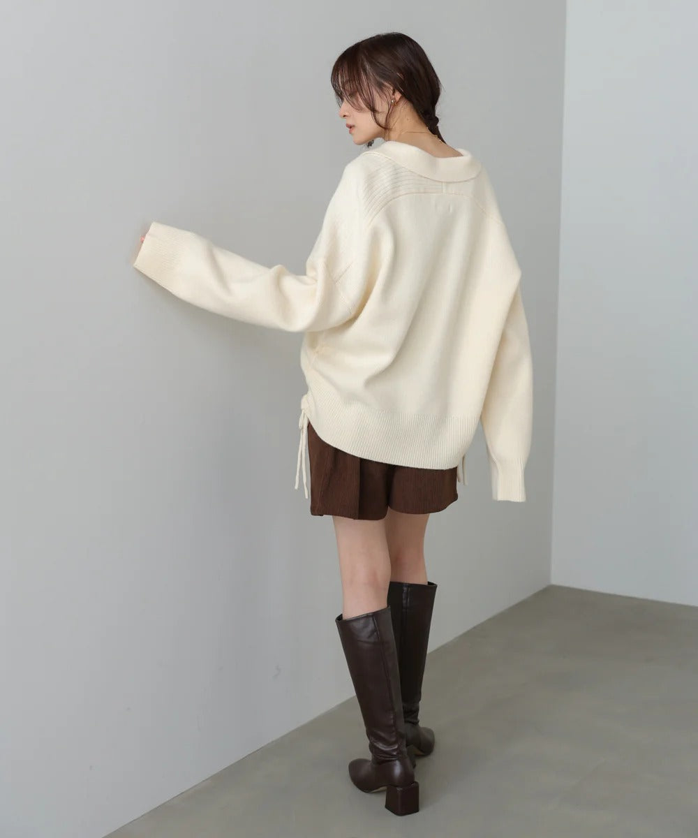 Bab Collared Ribbed Knit Top with Side Drawstring