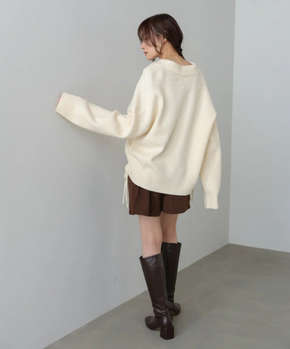 Bab Collared Ribbed Knit Top with Side Drawstring