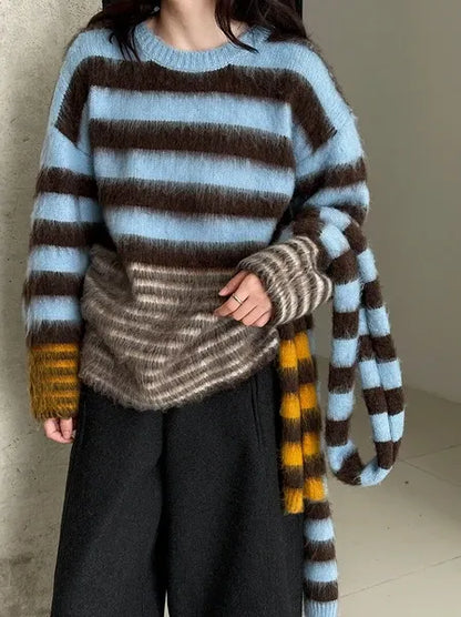 Multi-Border Shaggy Knit with Scarf