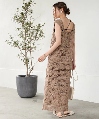 Boho Crochet Maxi Dress for Women – Sleeveless Summer Resort Style