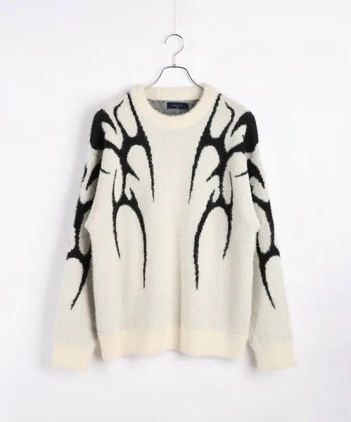 Feather Yarn Loose-Fitting Tribal Print Crew Knit