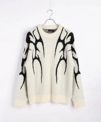 Feather Yarn Loose-Fitting Tribal Print Crew Knit