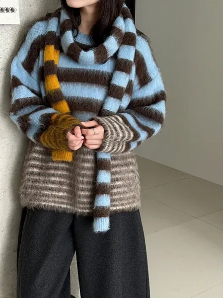 Multi-Border Shaggy Knit with Scarf