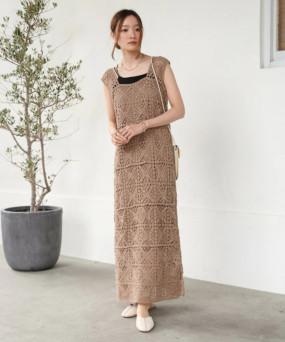 Boho Crochet Maxi Dress for Women – Sleeveless Summer Resort Style