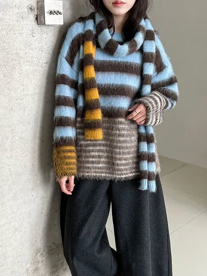 Multi-Border Shaggy Knit with Scarf