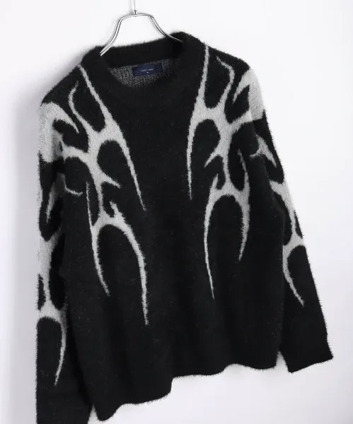 Feather Yarn Loose-Fitting Tribal Print Crew Knit