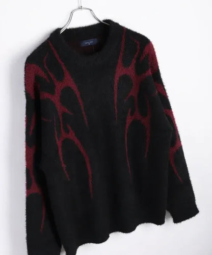 Feather Yarn Loose-Fitting Tribal Print Crew Knit