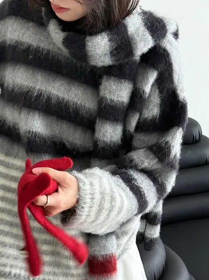 Multi-Border Shaggy Knit with Scarf