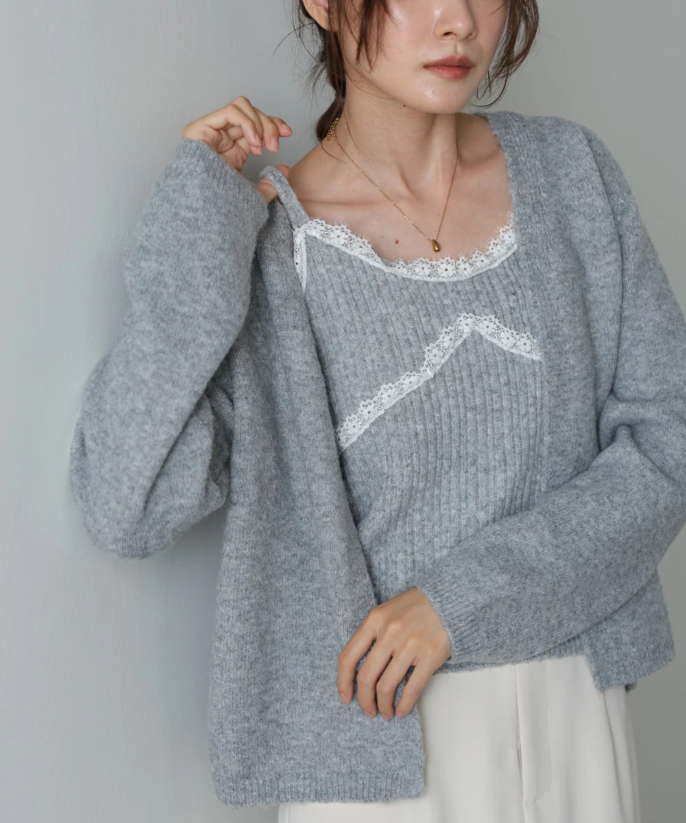Bab Knit Lace Cami + Knit Cardigan Set