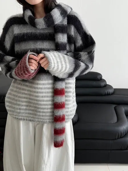 Multi-Border Shaggy Knit with Scarf