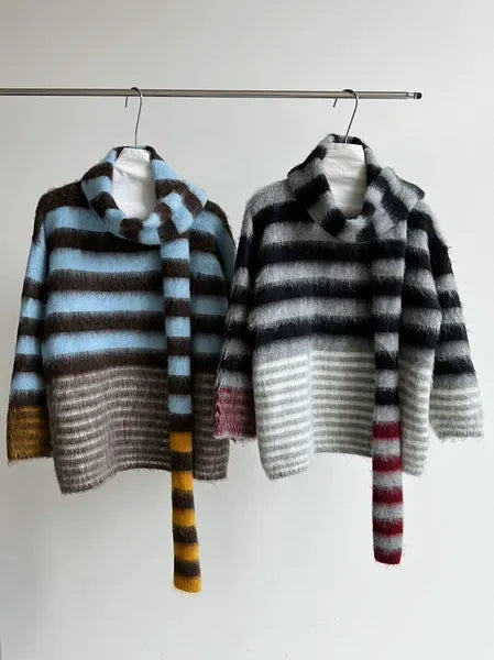 Multi-Border Shaggy Knit with Scarf