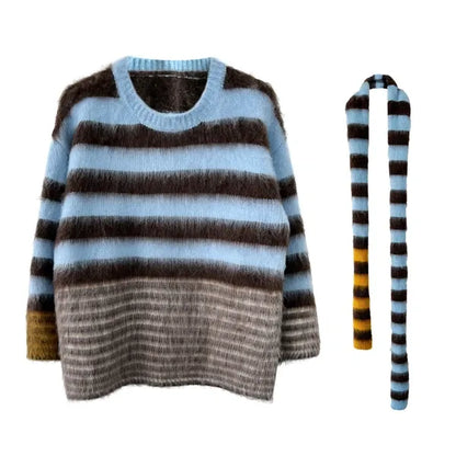 Multi-Border Shaggy Knit with Scarf